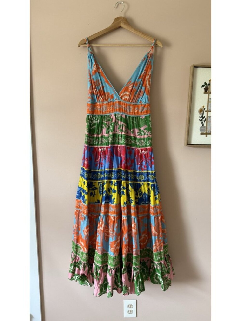 Farm Rio X Anthropologie Lace Garden Mix Maxi Tiered Dress Resort Boho Beachy M